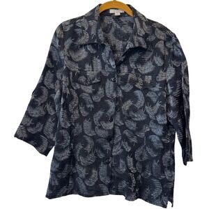 Erin London Women's Black Silver Metallic‎ Feather Print Button Top Size Medium